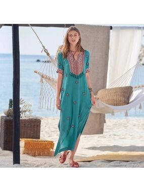 Sundance Tropical Dreams Boho Teal Embroidered Maxi Dress Tassel V-Neck Slits